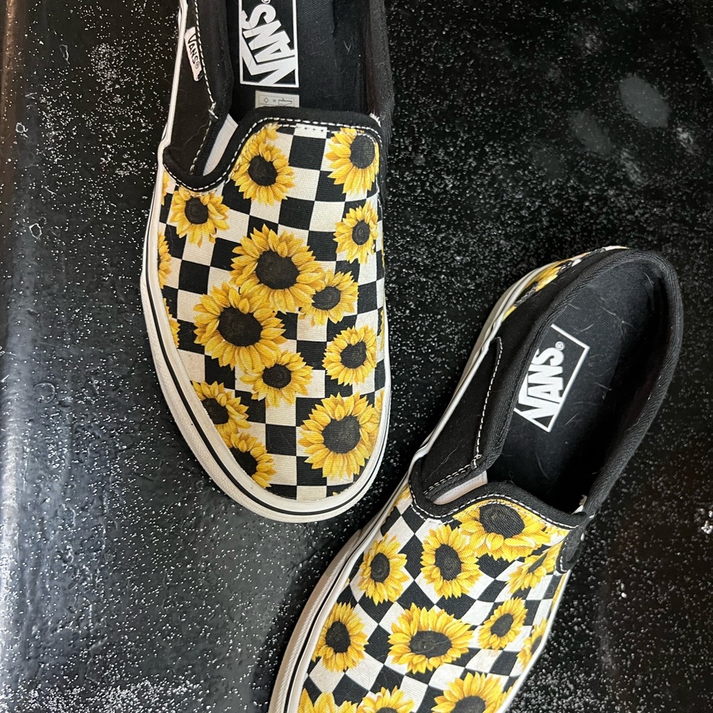 Vans Sunflower Checkered Slip-On Shoes - Black, White, Yellow